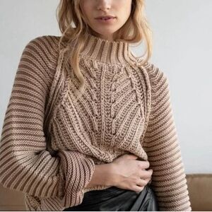 Free People Beige Cable Knit Turtleneck Sweater